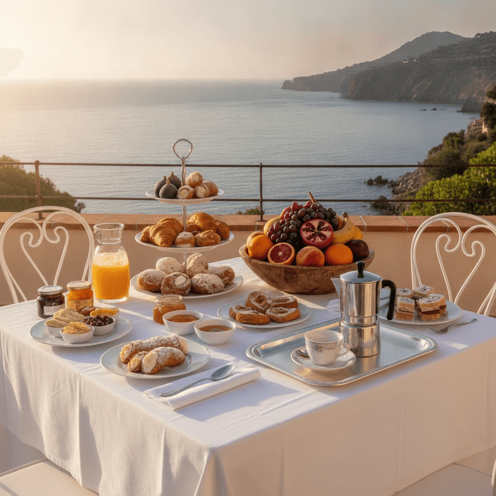 Sicilian breakfast spread on terrace