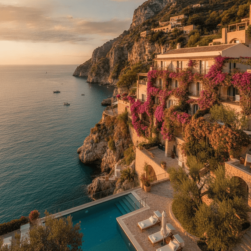 Villa Tramonto d'Oro aerial view at sunset